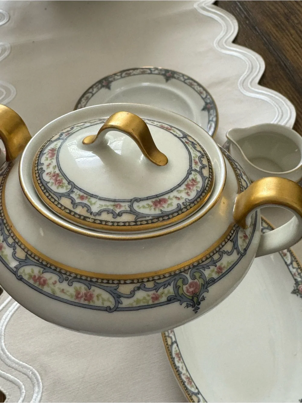 Haviland (Limoges) Troy, Pink Roses, Blue Scrolls:  set off 5 / hand  painted
